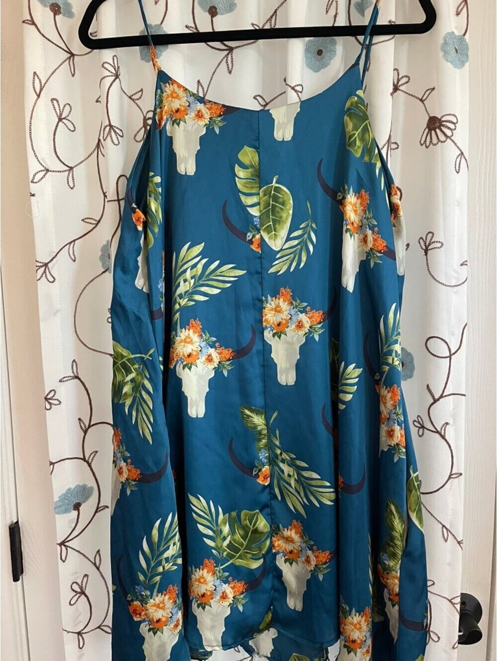 Berry N Cream | Sz L | Teal Floral and Skull Print Boho Mini Dress - Picture 7 of 7